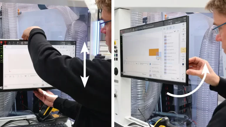 Swiveling control unit with height-adjustable monitor for ergonomic operation