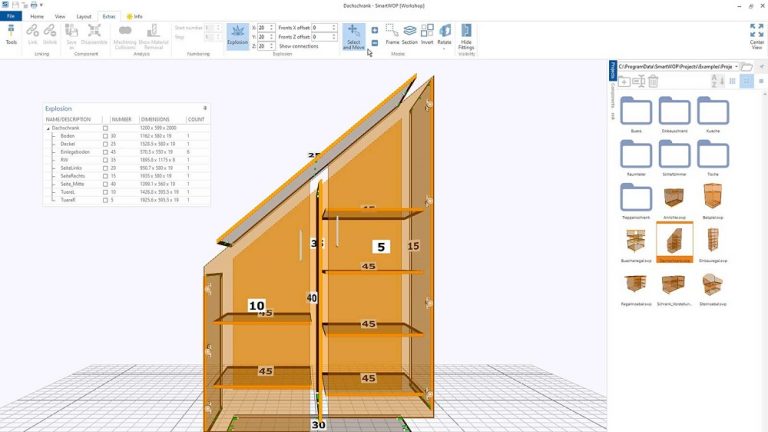 smartwop offers you various display options: here, you can see the exploded view of a cabinet with a sloping roof